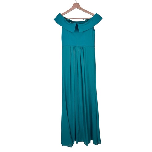 ADRIANNA PAPELL BOTANIC GREEN OFF THE SHOULDER CREPE CHIFFON EVENING GOWN DRESS - Picture 4 of 12